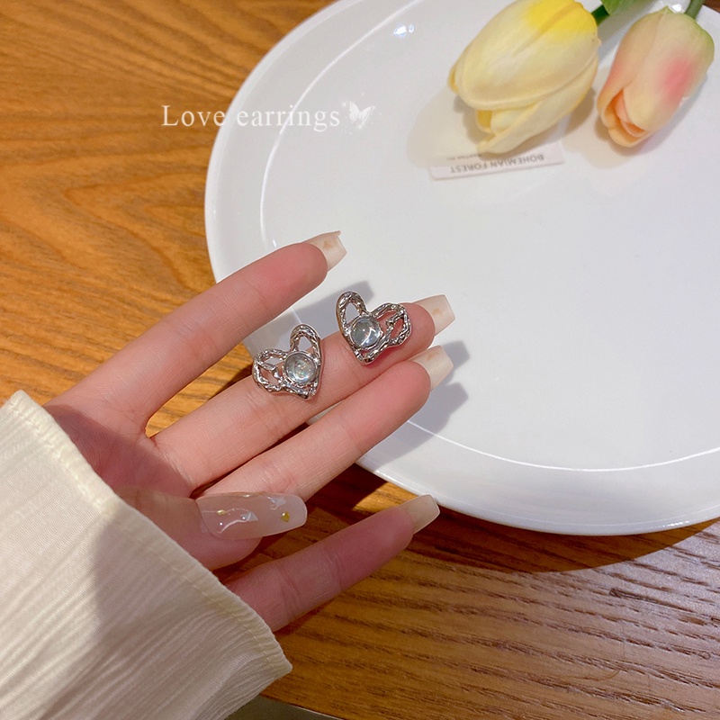 Roselife Keren Manis Perak Moonstone Heart Stud Earrings Untuk Wanita Perempuan Elegan Opal Heart Y2K Earring Jewelry 1pasang