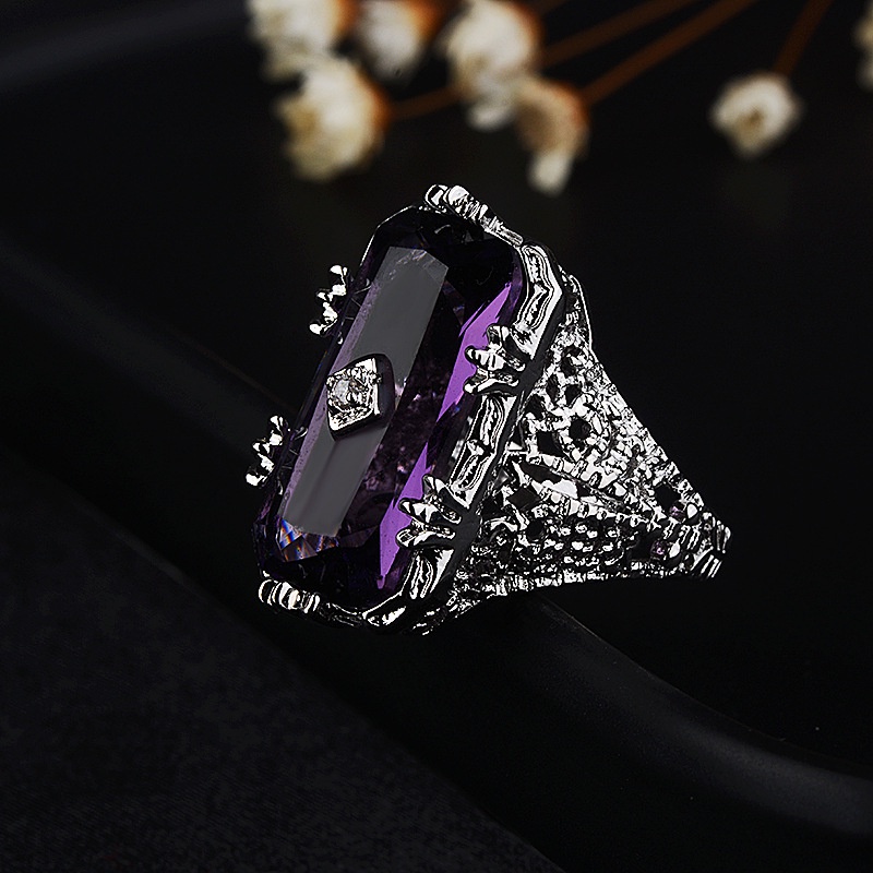 Goldkingdom Fashion Perhiasan Aksesoris Ready Stock Eropa Dan Amerika Bertatahkan Chamfered Persegi Panjang Amethyst Putri Cincin Eropa Dan Amerika Melubangi Bunga Perempuan Cincin.