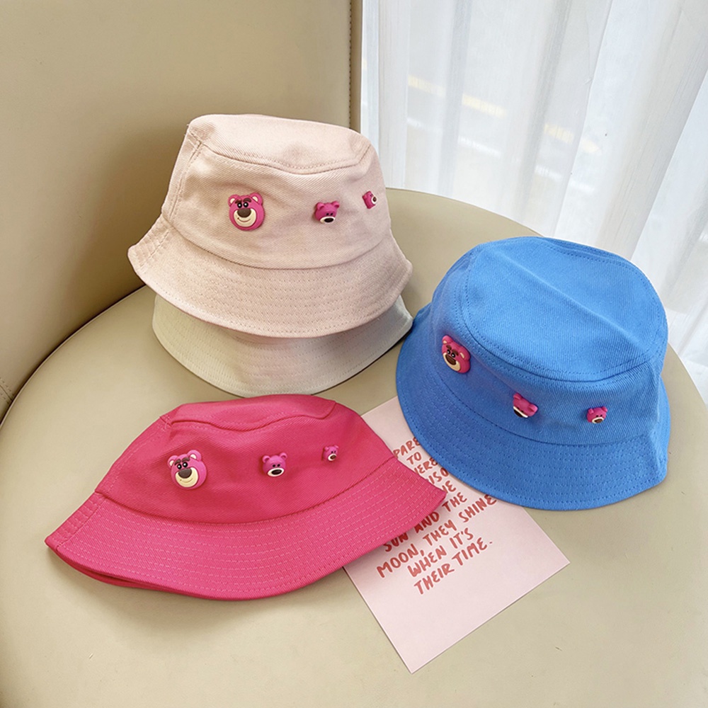 Pola Beruang Strawberry Lucu Anak-Anak Topi Nelayan Warna Permen Musim Panas Outdoor Kerai Cap