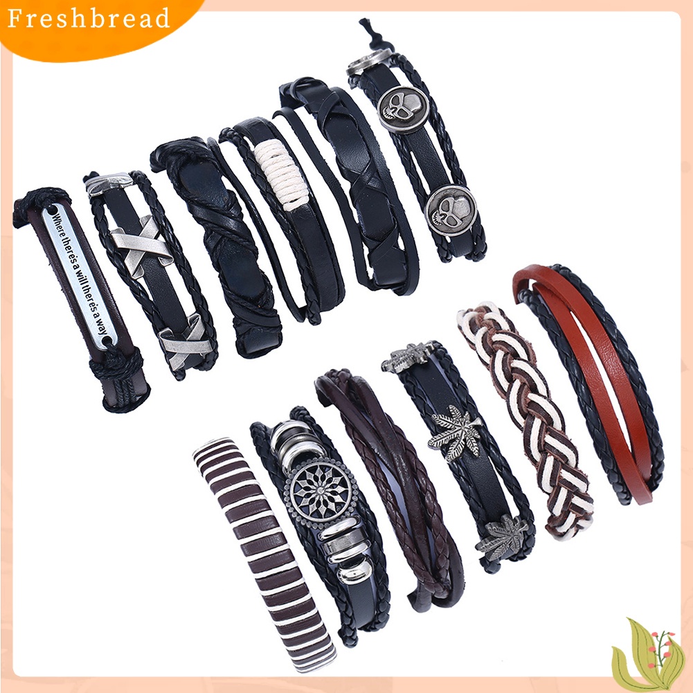 &lt; Freshbread &gt; 6Pcs Retro Pria Kulit Imitasi Hip Pop Punk Tengkorak Daun Kepang Gelang Pergelangan Tangan Perhiasan