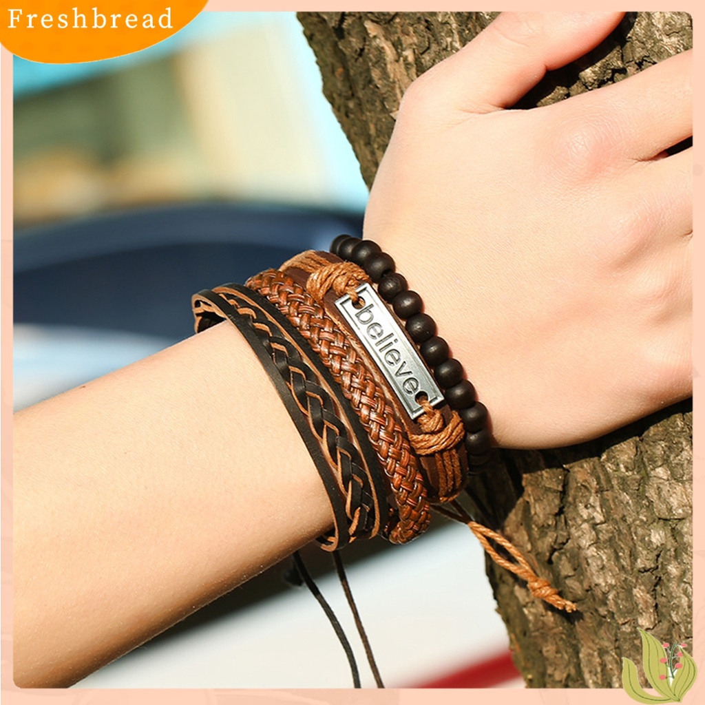 &lt; Freshbread &gt; 4Pcs/Set Pria Fashion Adjustable Kulit Imitasi Tali Dikepang Percaya Huruf Gelang Manik-Manik