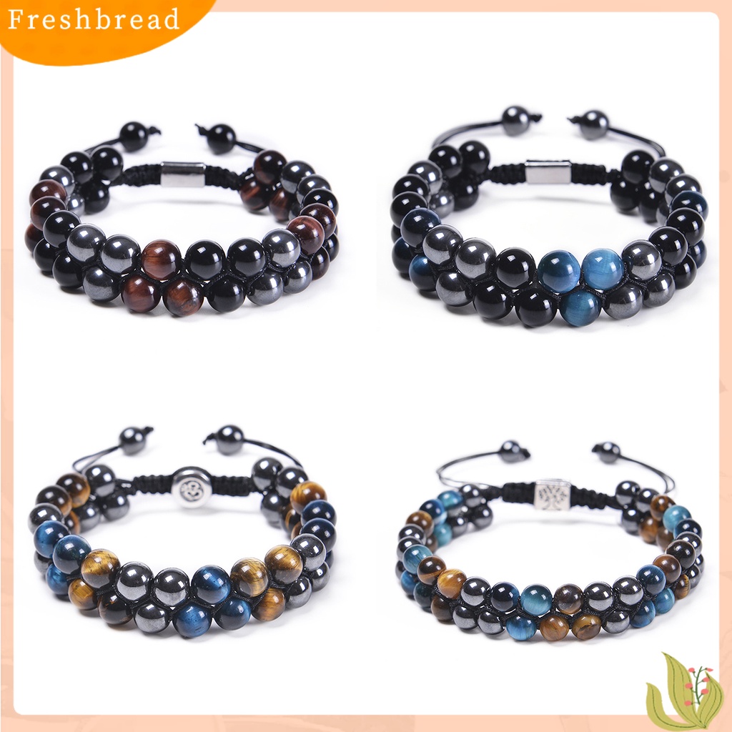 &lt; Freshbread &gt; ic Gelang 8mm Manik-Manik Bulat Double-layer Braided Natural Tiger Eye Stone Adjustable Hadiah Fashion Perhiasan Pria Wanita Penghilang Stress Penyembuhan Bangle Untuk Harian