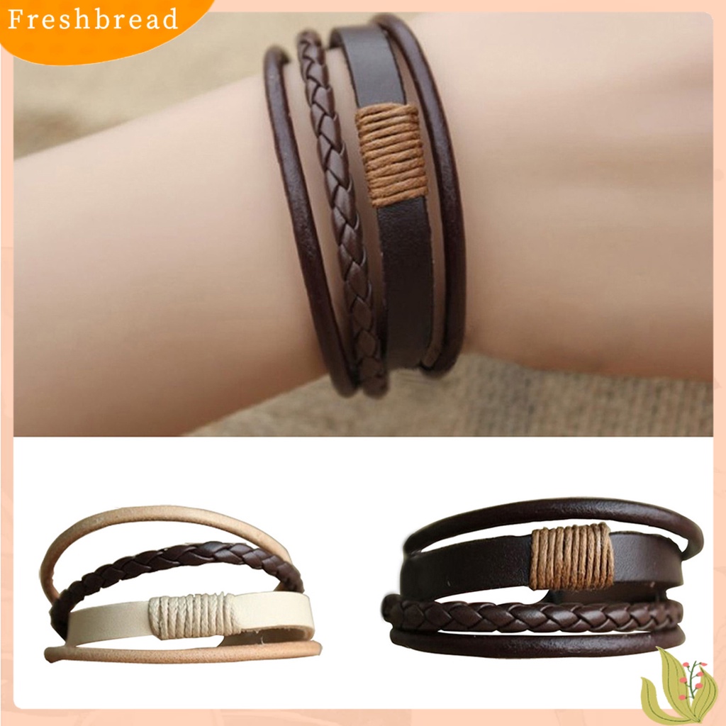 &lt; Freshbread &gt; Gelang Simple Adjustable Unisex Multi-layer Braided Faux Leather Bangle Untuk Belanja