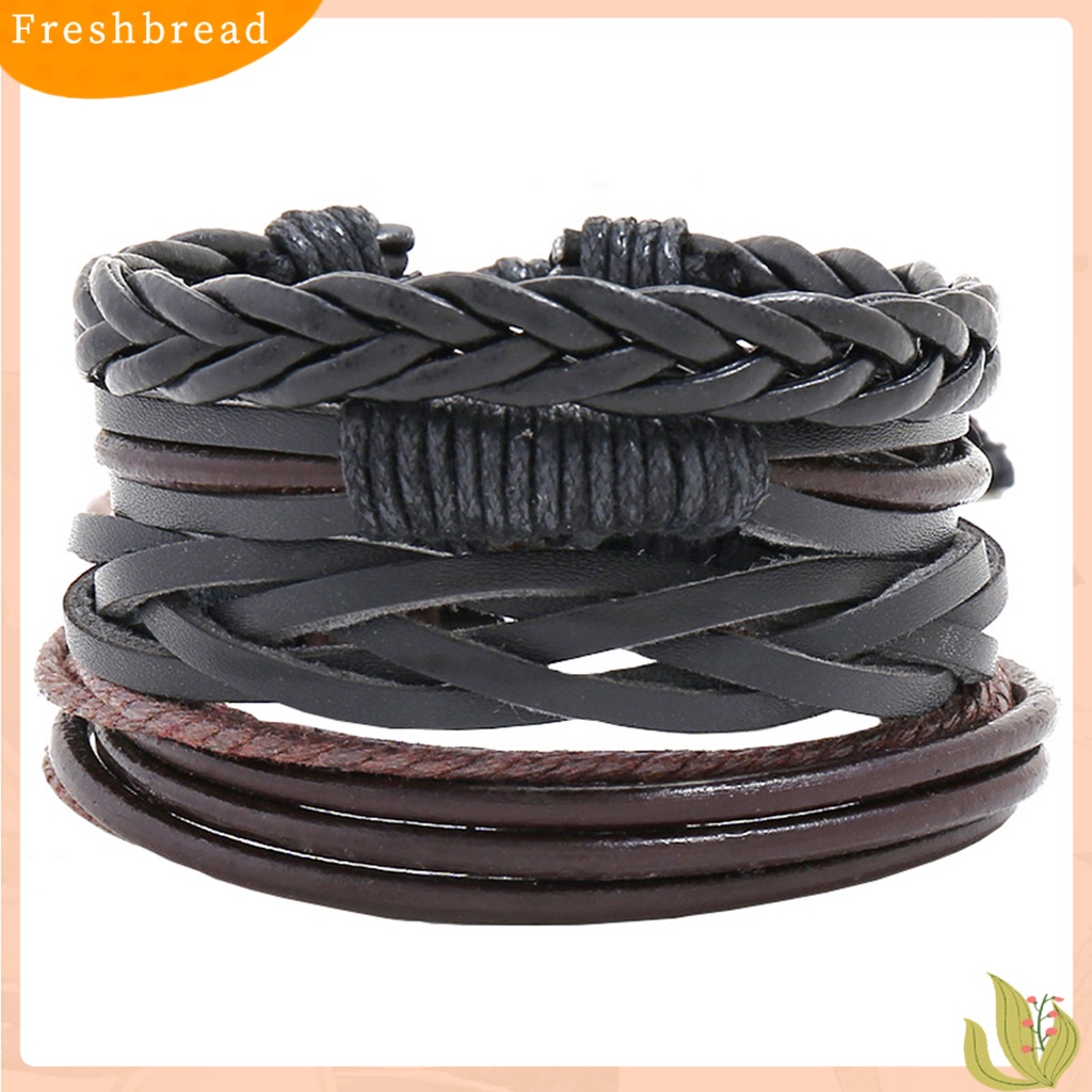 &lt; Freshbread &gt; 4Pcs/Set Multi-layer Kulit Imitasi Dikepang Gelang Tali Linen Adjustable Handmade Unisex Bracelets Perhiasan Aksesoris