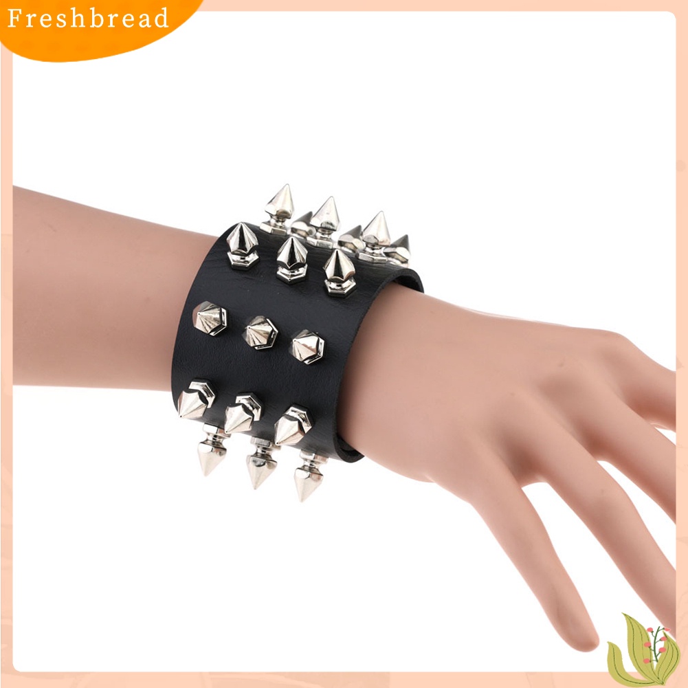 &lt; Freshbread &gt; Punk Triple Lines Stainless Steel Pointed Cone Rivet Gelang Bangle Kulit Imitasi