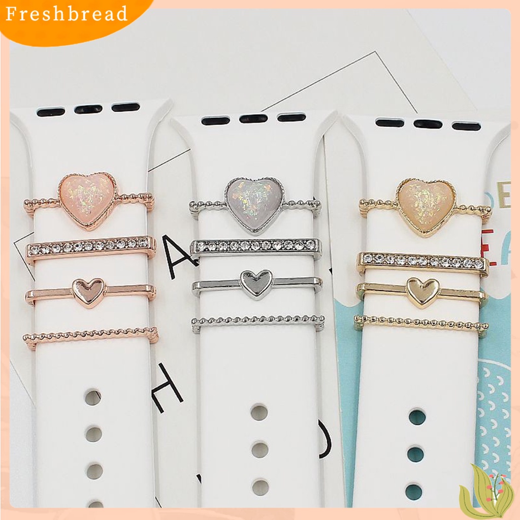 &lt; Freshbread &gt; 4Pcs Watch Band Dekorasi Rings Pesona Logam Berlian Imitasi Mengkilap Hias Berkilau Geometris Hadiah Valentine Bentuk Hati Silikon Watch Strap Bracelets