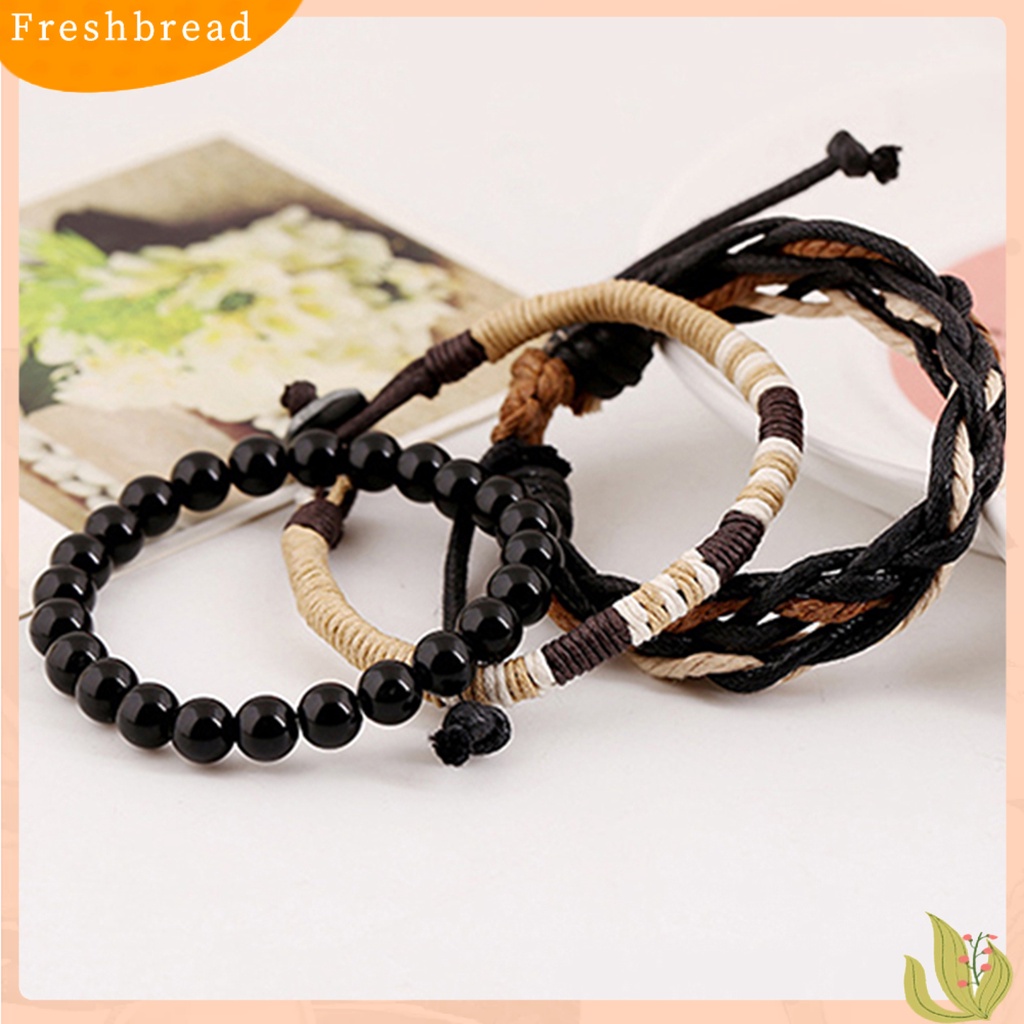 &lt; Freshbread &gt; 3Pcs Gelang Multilayer Fashion Aksesoris Manik-Manik Kayu Kulit Imitasi Bangle Lilin Tali Cuff Bracelets Untuk Pria