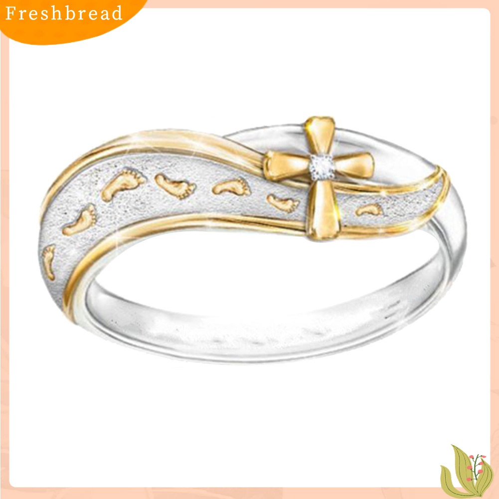 &lt; Freshbread &gt; Fashion Dua Warna Jejak Kaki Cross Sign Berlian Imitasi Wanita Jari Cincin Perhiasan