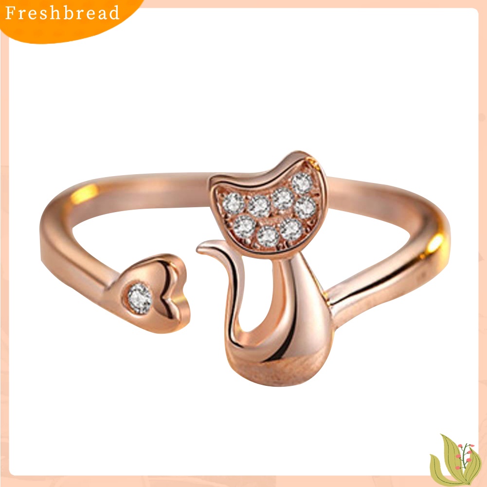 &lt; Freshbread &gt; 1Pc Cubic Zirconia Hewan Kucing Kecil Yang Lucu Hati Terbuka Cincin Fashion Perhiasan