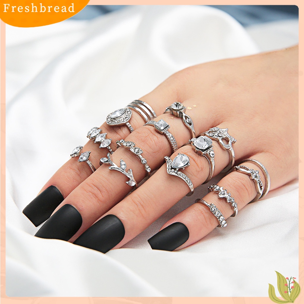 &lt; Freshbread &gt; 15Pcs Cincin Jari Trendi Pengerjaan Halus Semua Pertandingan Warna Perak Berongga Keluar Wanita Ring Untuk Pergi Jalan