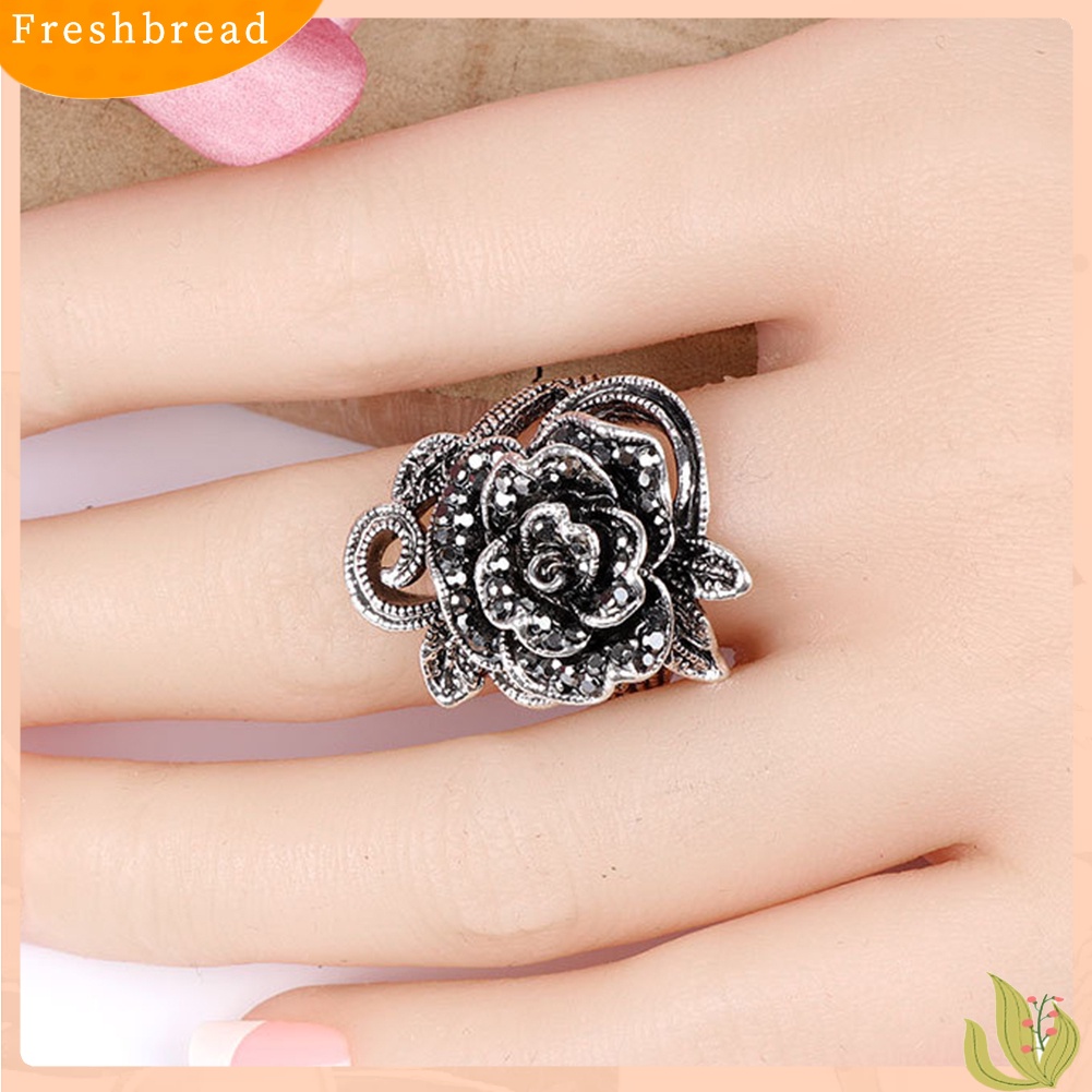 &lt; Freshbread &gt; Vintage Bunga Mawar Berlian Imitasi Bertatahkan Wanita Jari Cincin Hadiah Pesta Anniversary