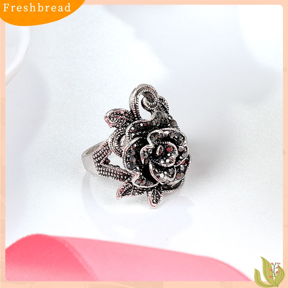 &lt; Freshbread &gt; Vintage Bunga Mawar Berlian Imitasi Bertatahkan Wanita Jari Cincin Hadiah Pesta Anniversary