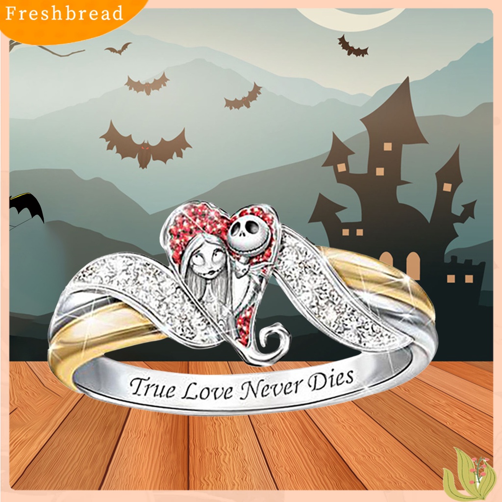 &lt; Freshbread &gt; Ganda Warna Bentuk Hati Wanita Cincin Paduan Pola Hantu Huruf Cetak Berlian Imitasi Halloween Cincin Perhiasan Aksesori