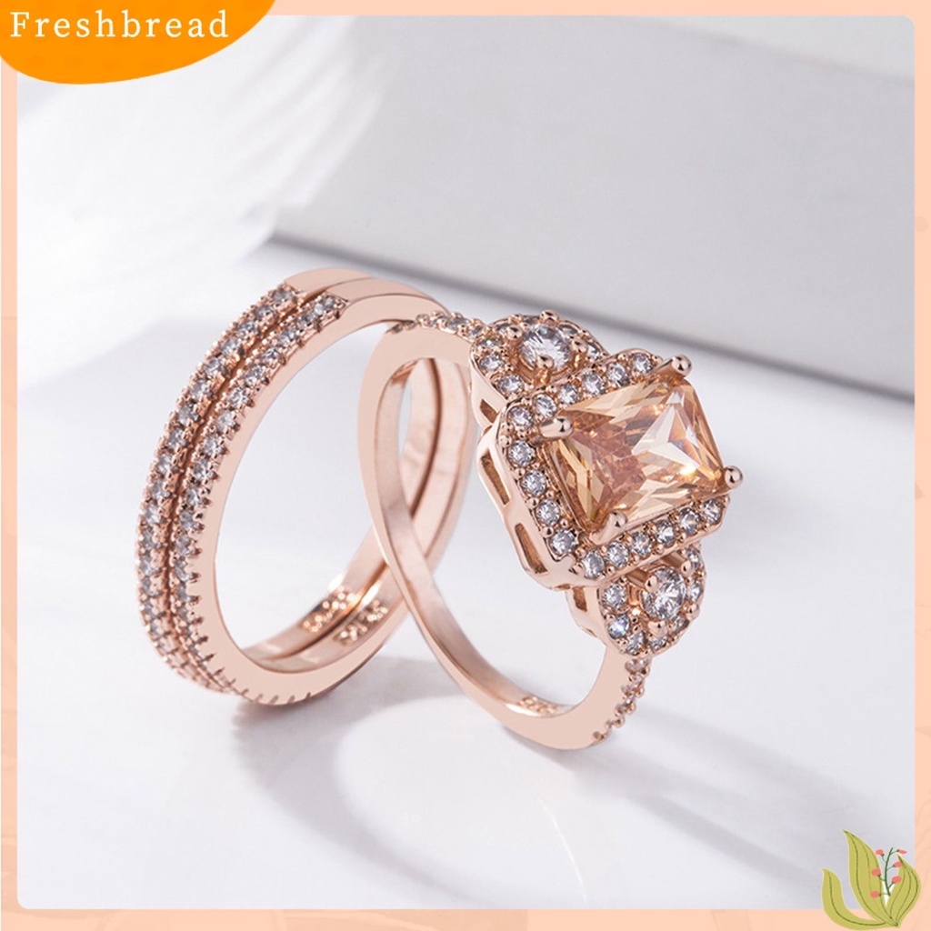 &lt; Freshbread &gt; 2Pcs/Set Ladies Rings Shiny Faux Crystal Rose Golden Alloy Ring Elegan Perhiasan Aksesoris Fashion Micro-Hias Square Rhinestones Rings Hadiah Pertunangan