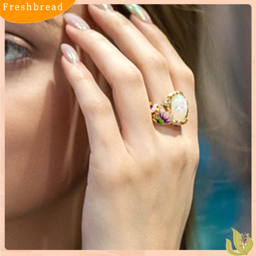 &lt; Freshbread &gt; Wanita Cincin Gaya Retro Imitasi Opal Berlian Imitasi Bertatahkan Elegan Berwarna Enamel Bunga Jari Cincin Aksesoris Perhiasan