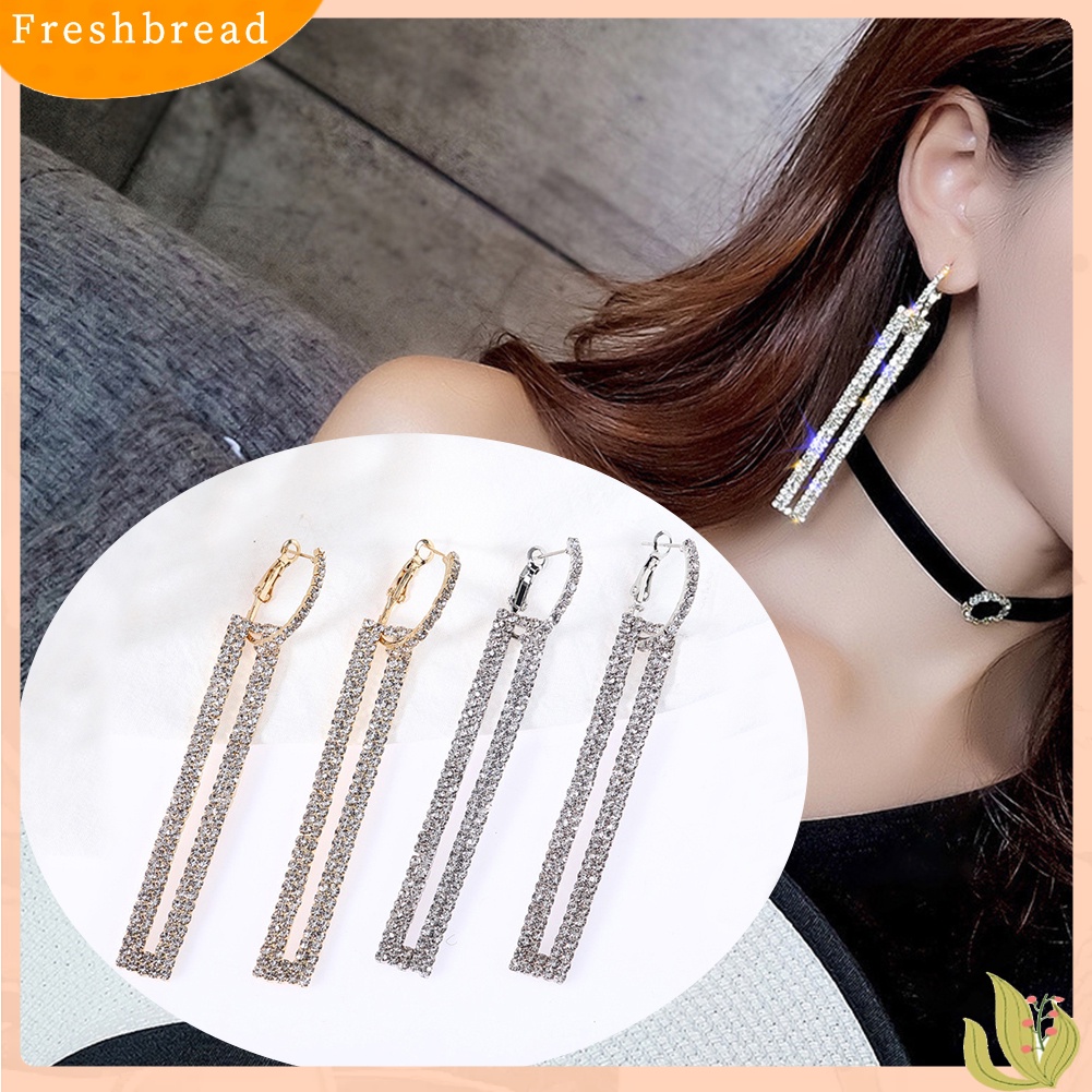 &lt; Freshbread &gt; Wanita Berlian Imitasi Hias Berongga Persegi Panjang Panjang Geometris Menjuntai Anting Perhiasan