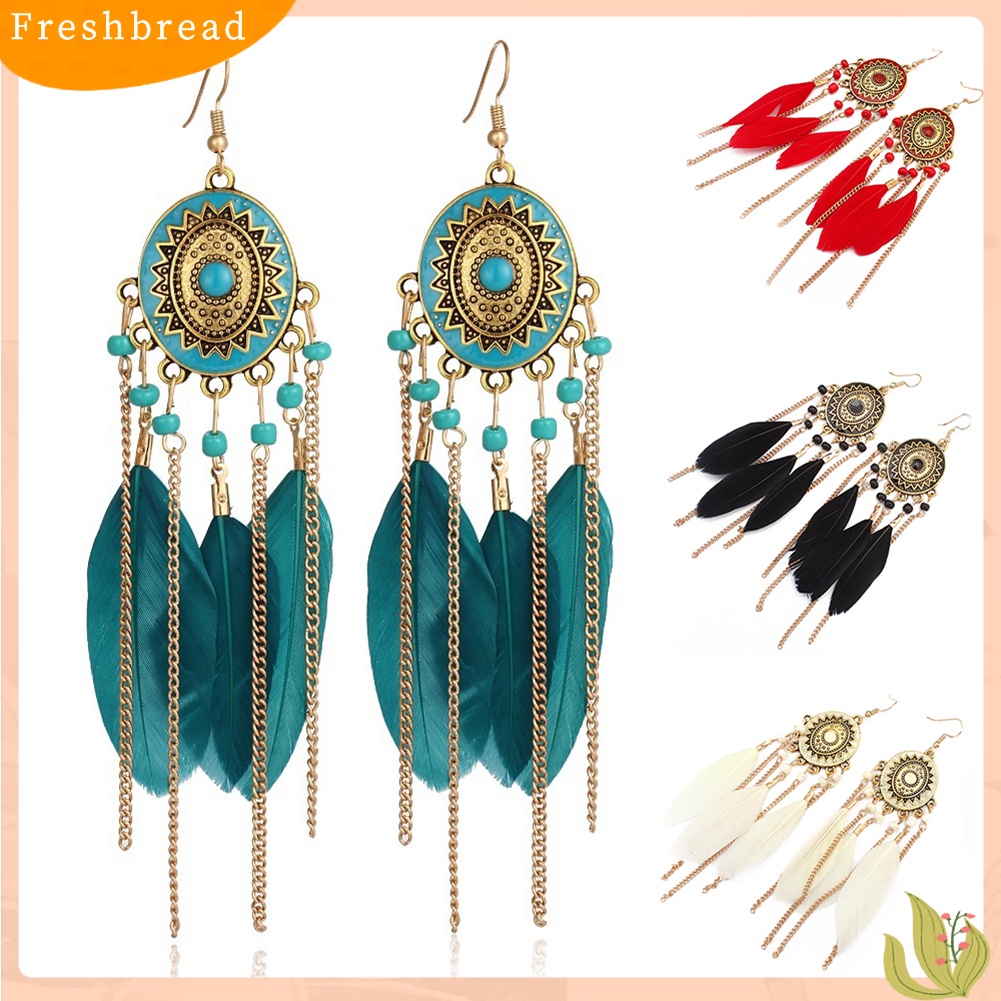 &lt; Freshbread &gt; Vintage Rantai Emas Bulu Rumbai Liontin Kait Anting Kasual Pesona Perhiasan