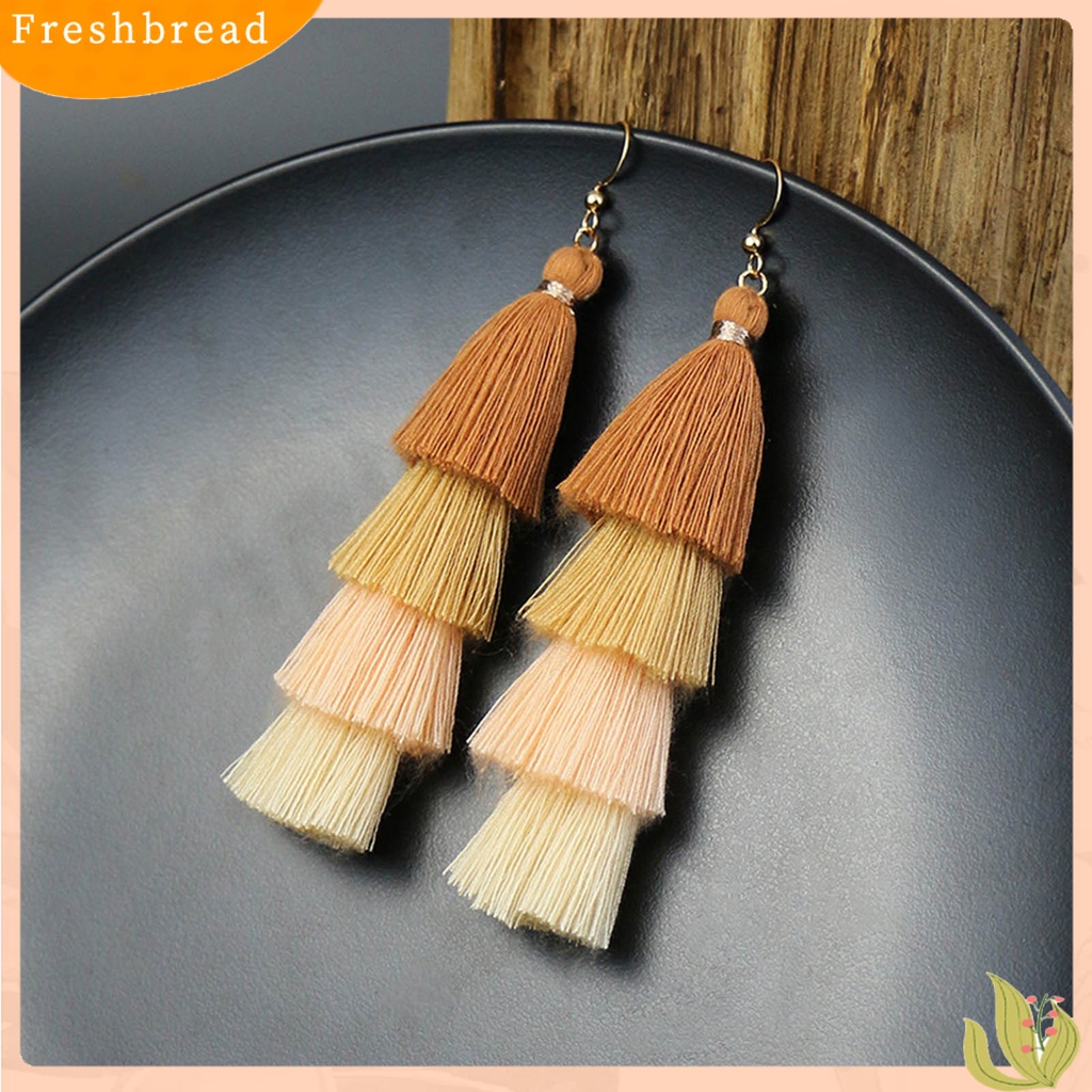 &lt; Freshbread &gt; 1pasang Anting Menarik Gaya Bohemia Ultra Panjang 4lapis Rumbai Fringe Menjuntai Anting Untuk Wanita