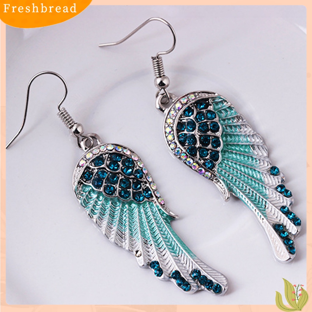 &lt; Freshbread &gt; 1pasang Anting Kait Berlian Imitasi Mengkilap Hias Bentuk Sayap Malaikat Simetris Drop Earrings Perhiasan Wanita