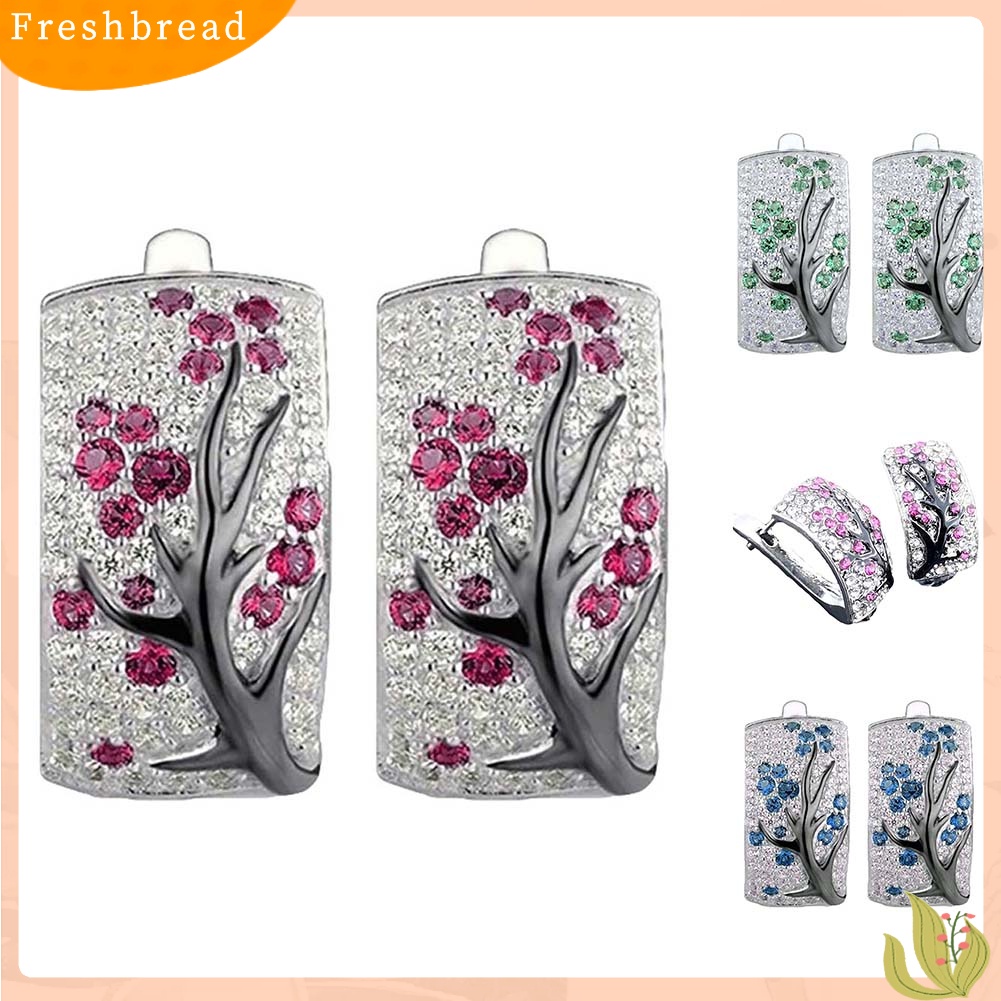 &lt; Freshbread &gt; Lady Shiny Plum Blossom Cabang Penuh Berlian Imitasi Bertatahkan Melengkung Anting-Anting Persegi Panjang