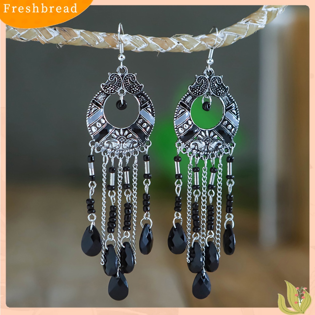 &lt; Freshbread &gt; 1pasang Gaya Etnik Pola Retro Drop Earrings Berlian Imitasi Bohemian Berongga Rumbai Kait Anting Perhiasan Pesta