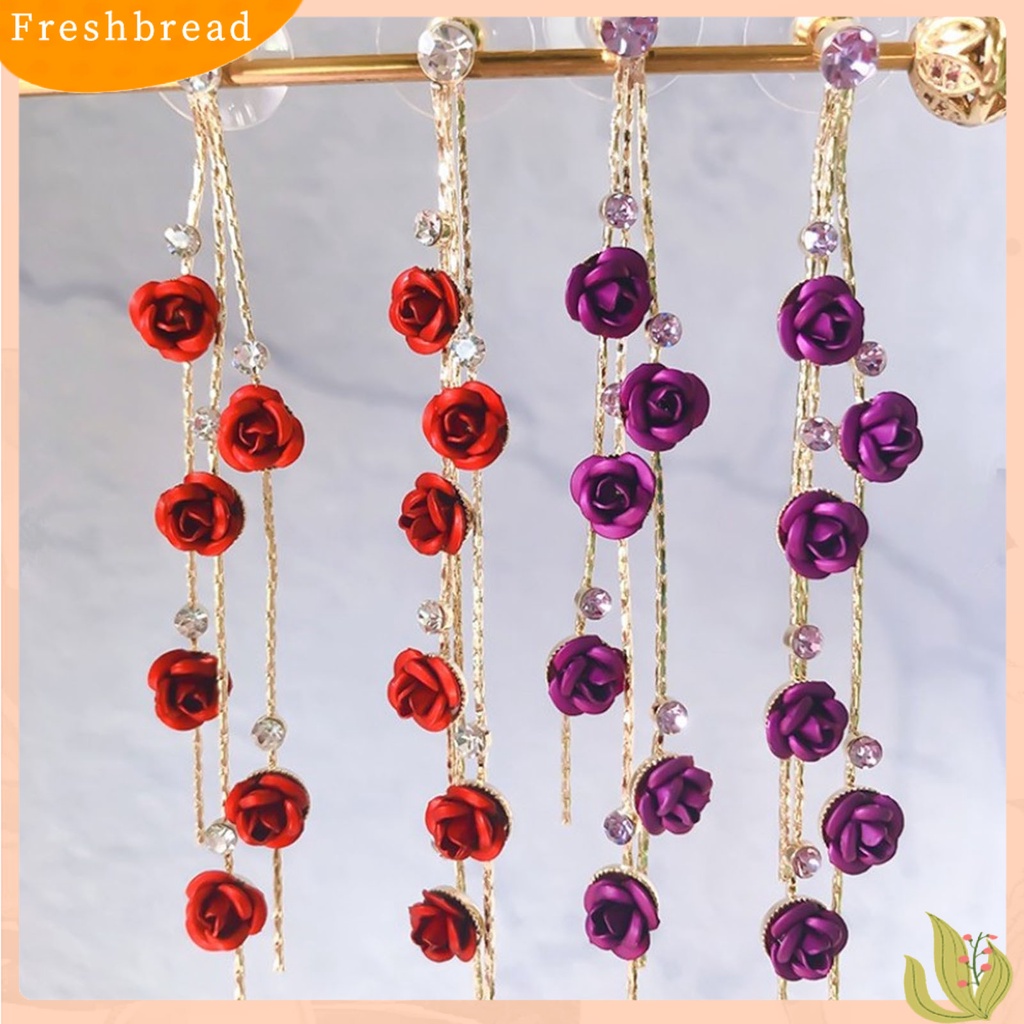 &lt; Freshbread &gt; 1pasang Berlian Imitasi Mengkilap Elegan Wanita Anting Bunga Mawar Panjang Rumbai Drop Earrings Perhiasan Pesta