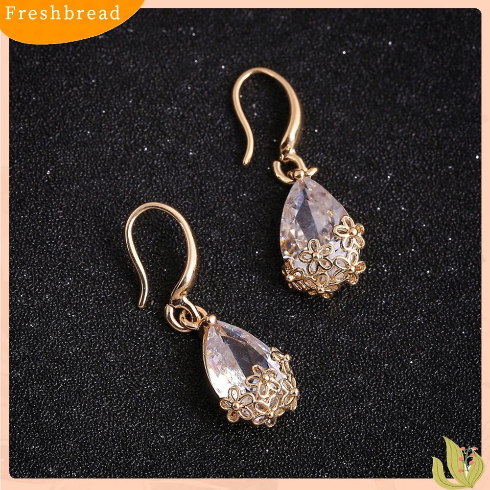 &lt; Freshbread &gt; Elegan Lady Water Drop Cubic Zirconia Bunga Liontin Kait Anting Perhiasan Hadiah