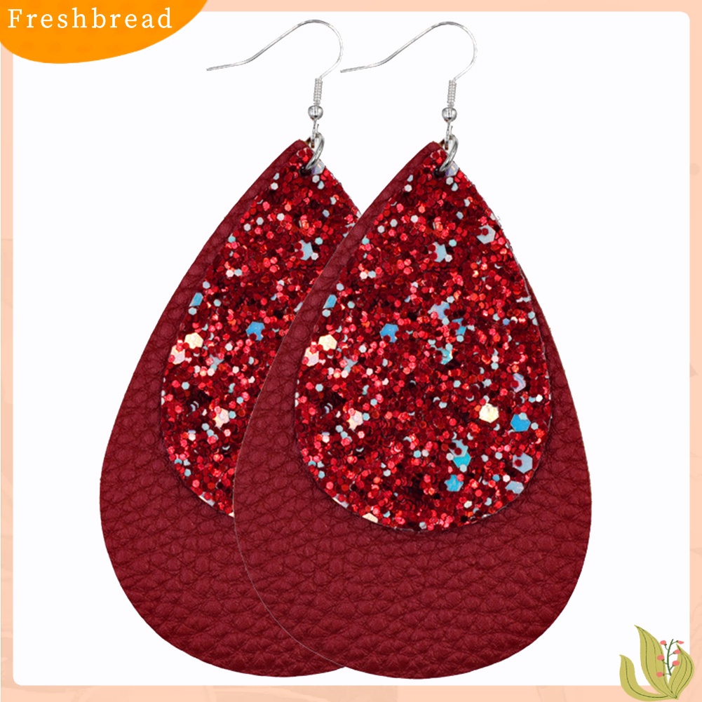 &lt; Freshbread &gt; Glitter Sequin Teardrop Kulit Imitasi Drop Menjuntai Pernyataan Wanita Anting Kait