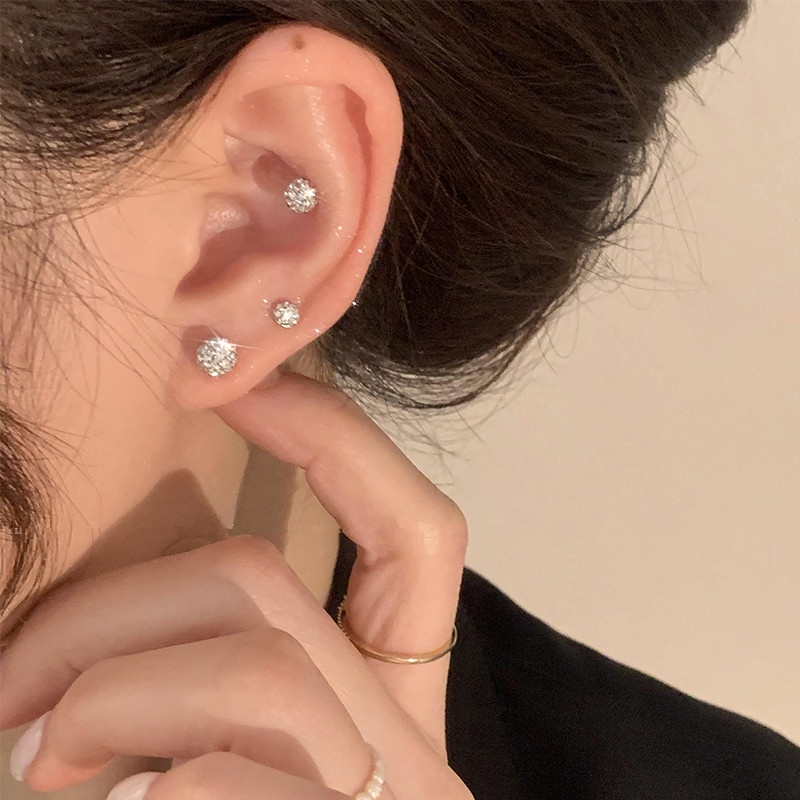 Kami Bunga 1 Pc Elegan S925 Perak Bling Bling Zirkon Bola Sekrup Anting Untuk Wanita Perempuan Ditindik Halus Dua Bola Kecil Stud Earring Hypoallergenic Telinga Perhiasan Aksesoris