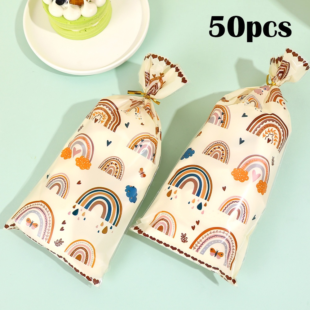 50 Pcs Dengan Dasi Pelangi Kantong Plastik Snack Cookie Candy Bag Motif Bohemian Dekorasi Meja Ulang Tahun Pernikahan Party Decor Kekinian Packaging Bags Perlengkapan Pesta