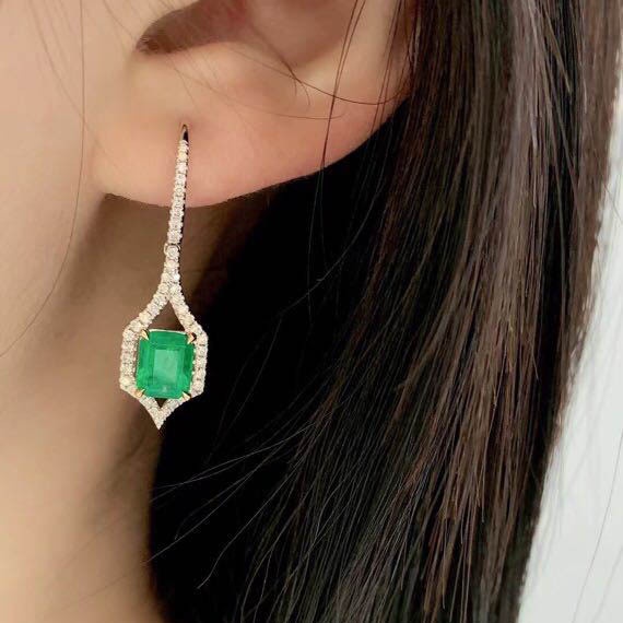 Goldkingdom Aksesoris Perhiasan Fashion Ready Stock Premium Jewelry Design Natural Emerald Princess Square Diamond Double Color Gold Earrings Anting Giwang Anting