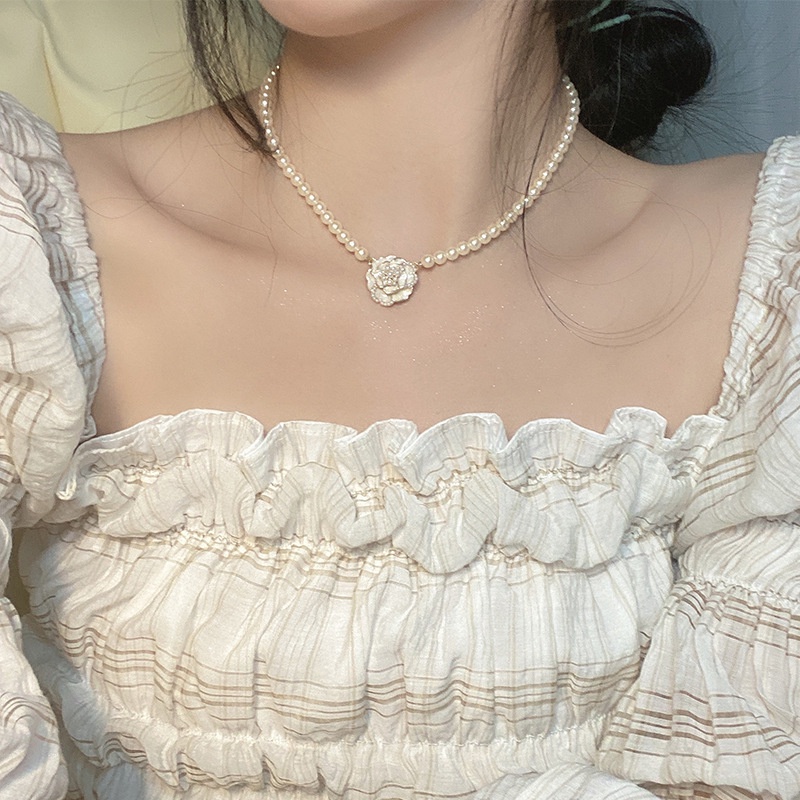 We Flower Vintage Elegan Camellia Pearl Beaded Choker Necklace Untuk Wanita Gadis Retro Gaya Istana Bunga Mawar Kalung Pernikahan Makan Pesta Perhiasan Aksesoris