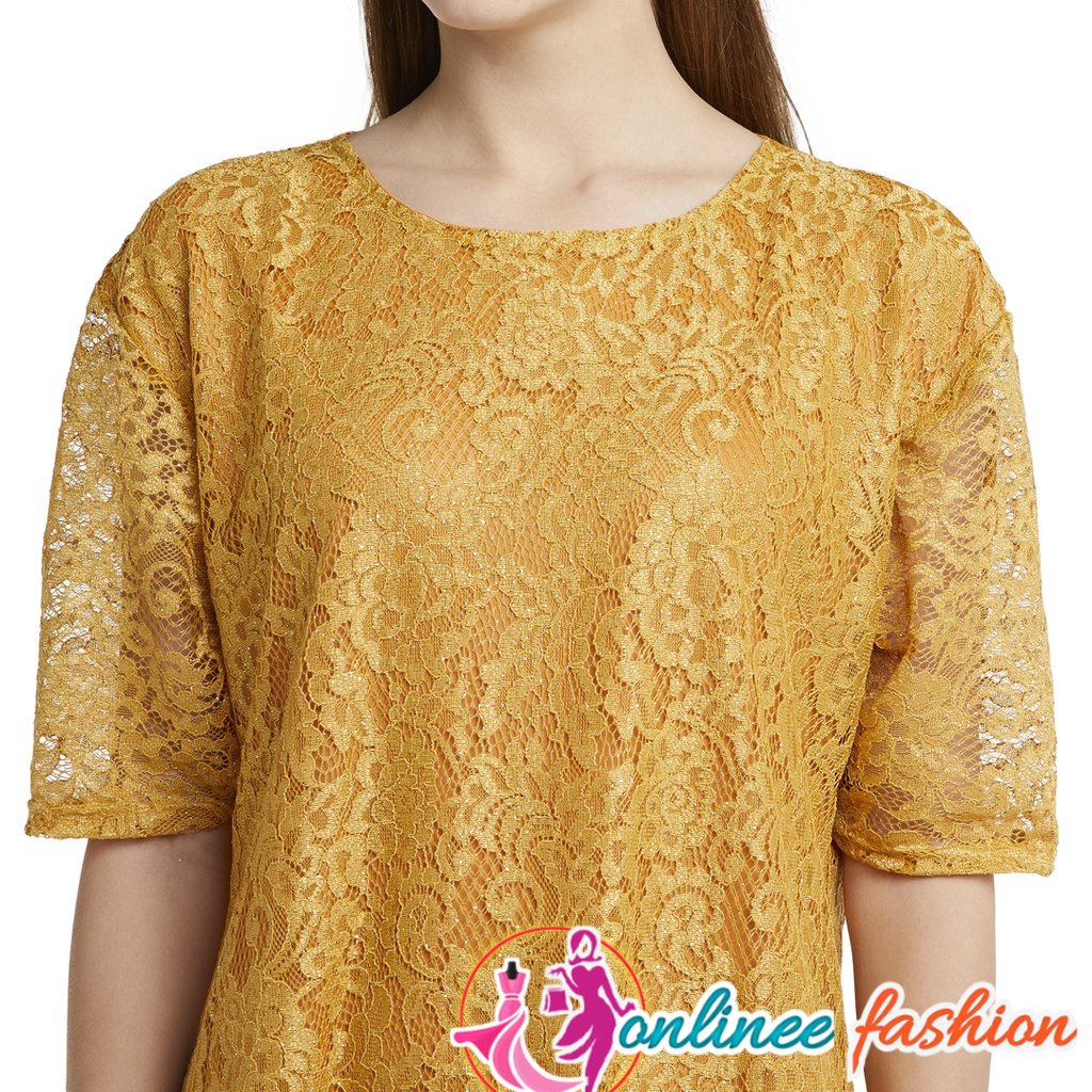 Midi Dress Jumbo Korea Casual Cintari Mustard Dres Wanita Lengan Pendek Brokat lapis furing