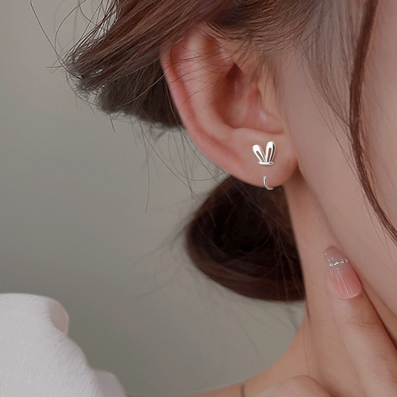 S925 Perak Anting Telinga Kelinci Sederhana Stud Earrings Mini Rabbit Ear Hook Aksesoris Hadiah