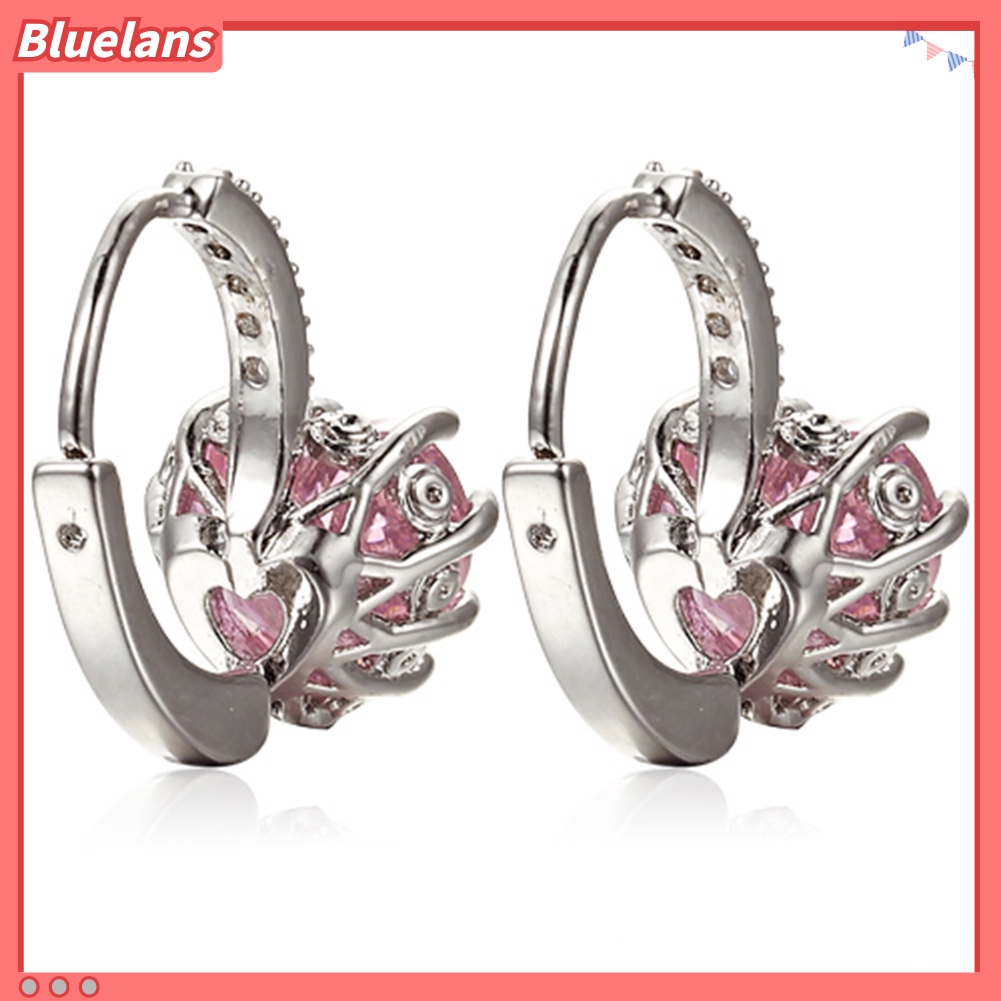 {In Stock} Wanita Mewah Merah Muda Cinta Hati Berlian Imitasi Berlapis Emas Leverback Hoop Earrings