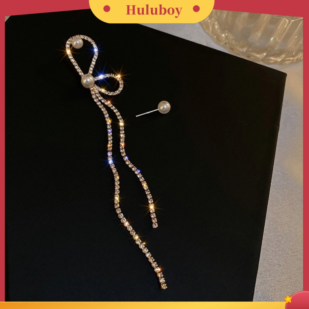 {Ready Stock} 1pasang Anting Rumbai Asimetri Busur Mutiara Imitasi Berlian Imitasi Bersinar Dekorasi Tahan Luntur Panjang Rumbai Menjuntai Anting Gantung Aksesoris Perhiasan