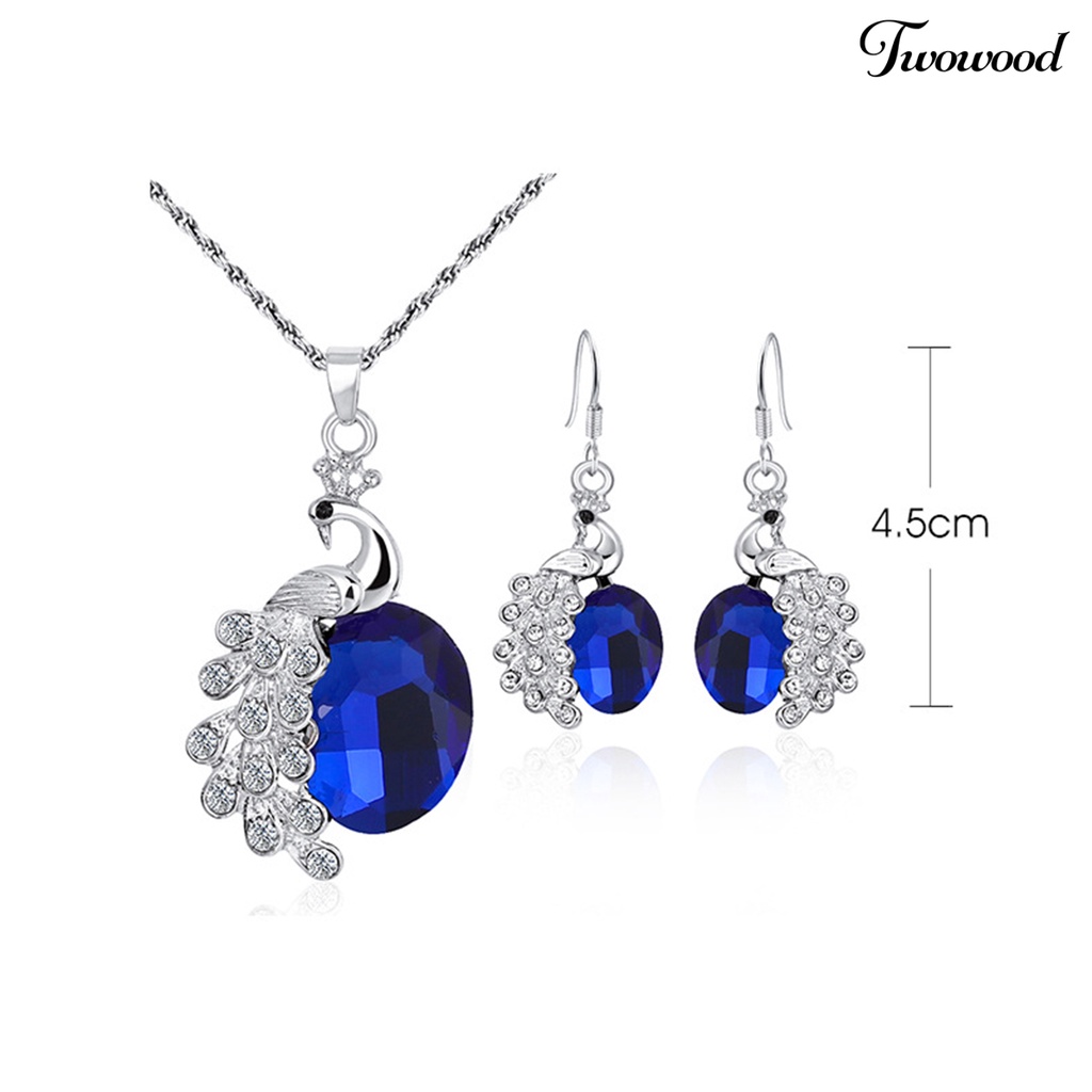 Twowood 2Pcs/Set Kalung Anting Set Biru Kristal Imitasi Kepribadian Glitter Indah Bentuk Merak Hias Berlian Imitasi Liontin Anting Kalung Perhiasan Aksesori