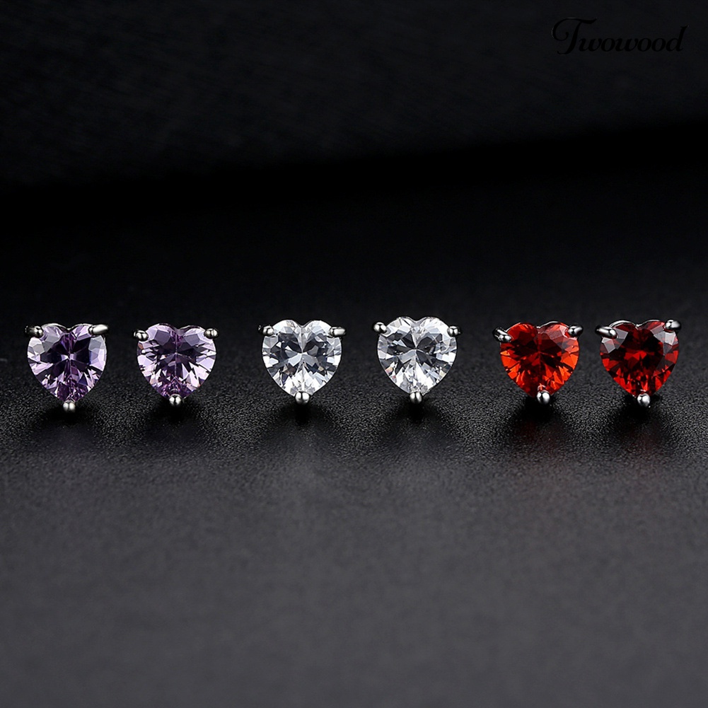 Twowood Lady Shiny Cubic Zirconia Cinta Hati Liontin Kalung Stud Earrings Set Perhiasan