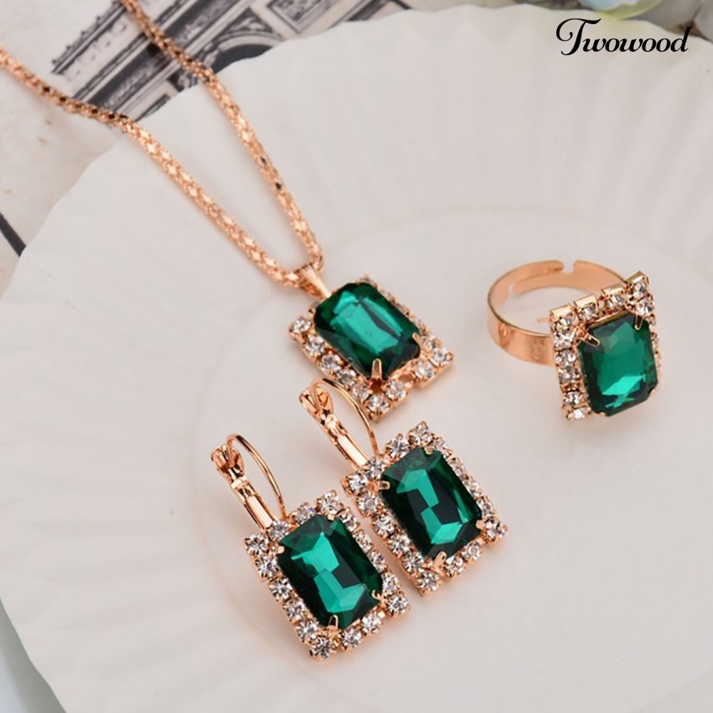 Twowood Fashion Set Perhiasan Wanita Perjamuan Pesta Pernikahan Kalung Anting Cincin Jari