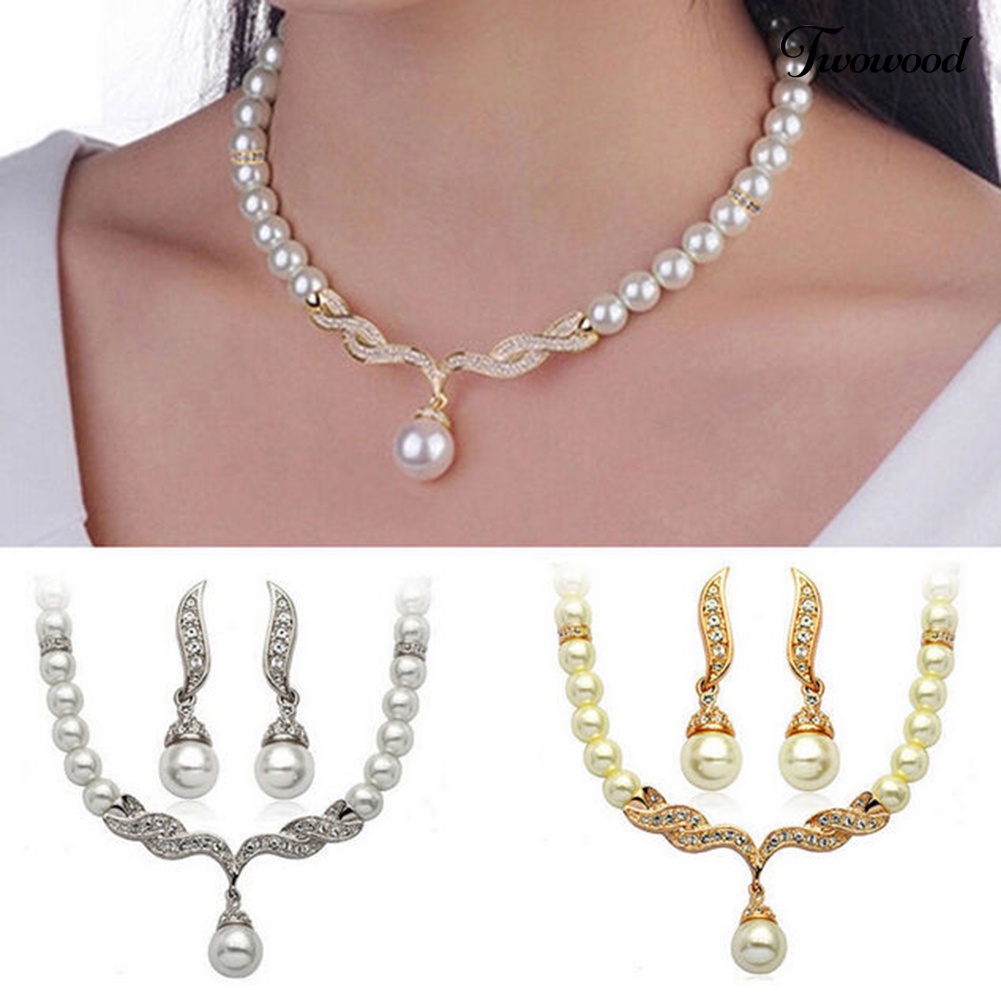 Twowood Bridal Wanita Kalung Mutiara Imitasi Berlian Imitasi Charms Pernikahan Anting Set Perhiasan