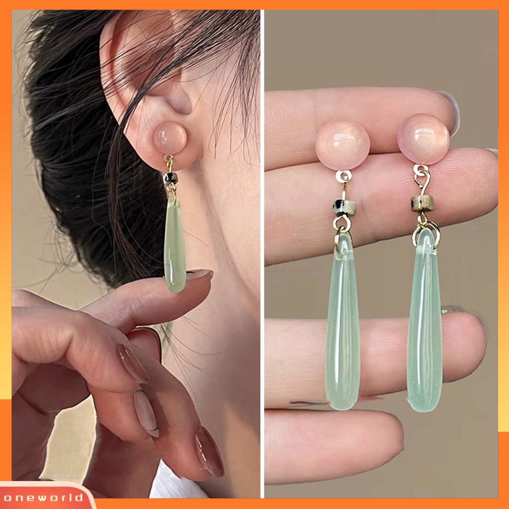 [OWR] 1pasang Anting Menjuntai Gaya China Elegan Mulia Giok Imitasi Kalsedon Manik Drop Earrings Aksesoris Perhiasan