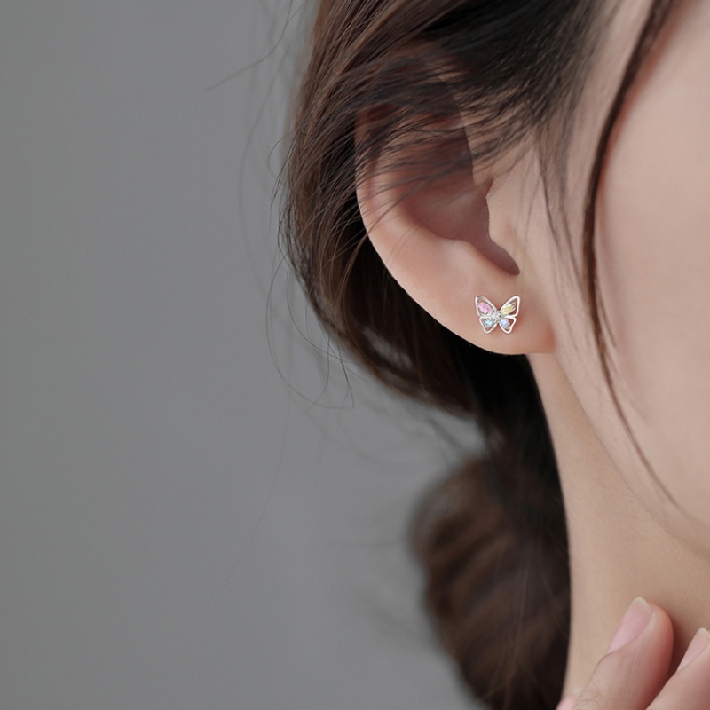 Kami Bunga Halus s925 Perak Fantasi Warna-Warni Zirkon Kupu-Kupu Stud Anting-Anting Untuk Wanita Gadis Korea Indah Kecil Bersinar Anting-Anting Fashion Telinga Perhiasan Aksesoris
