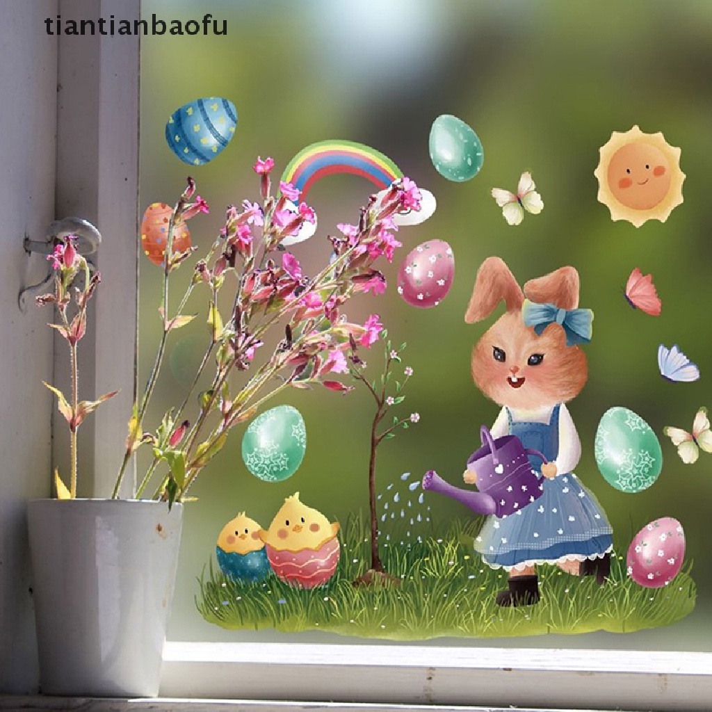 [tiantianbaofu] 1pc Happy Easter Stiker Jendela Kaca Warna Warni Bunny Eggs Wall Decal 20x30cm Butik