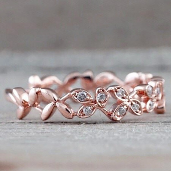 Goldkingdom Aksesoris Perhiasan Fashion Ready Stock Perak Disepuh Daun Cincin Berlian Rose Gold Ring