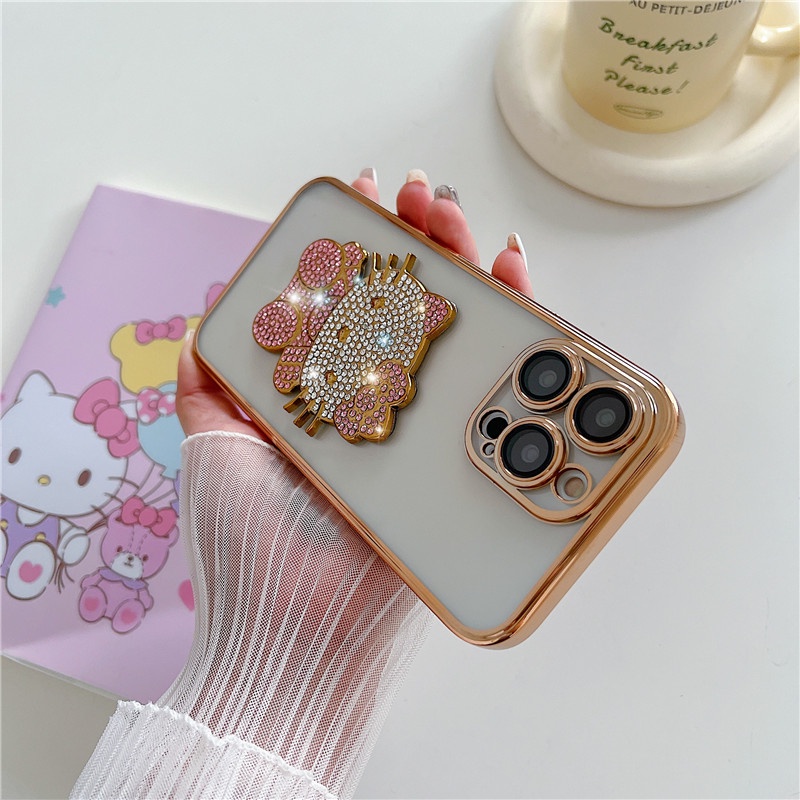 Casing Ponsel hello kitty Kristal Mengkilap Mewah Kompatibel Untuk iphone11 12 13 14PROMAX X XS XR XSMAX 14Pro Dengan film Pelindung Lensa shockproof back cover casing