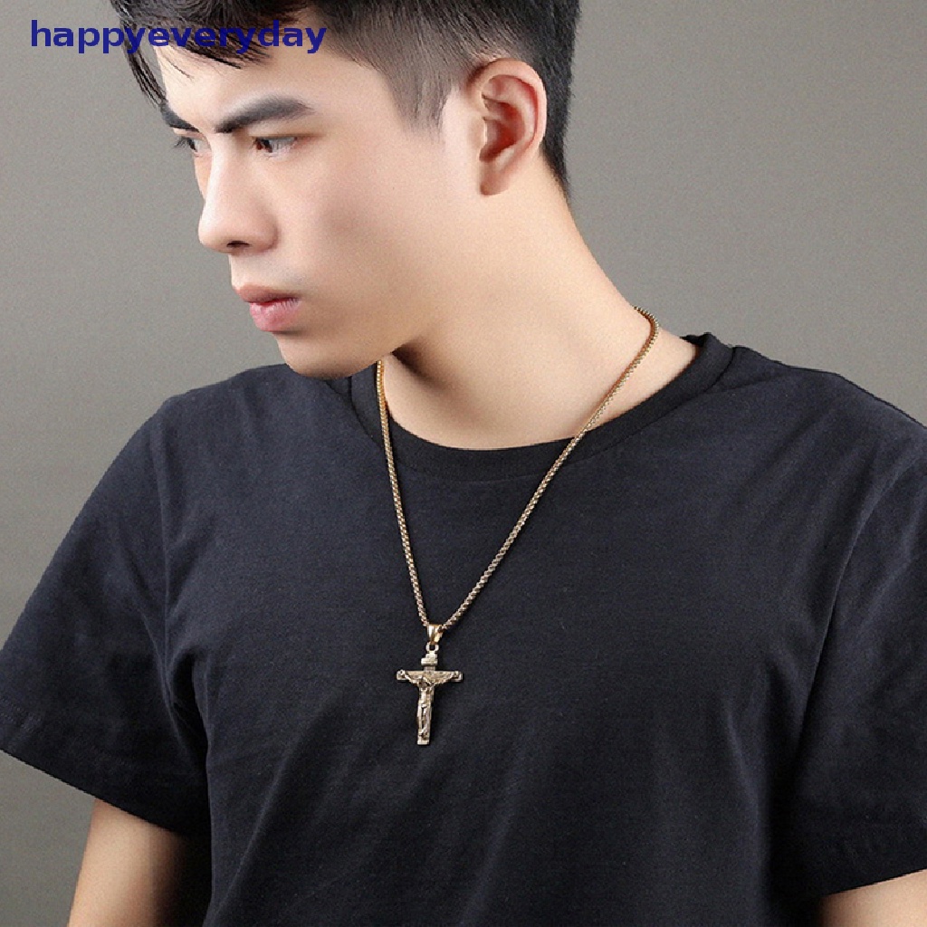 [happy] Mens Silver Stainless Steel Rantai Kalung Liontin Salib Yesus Kristus Salib [ID]