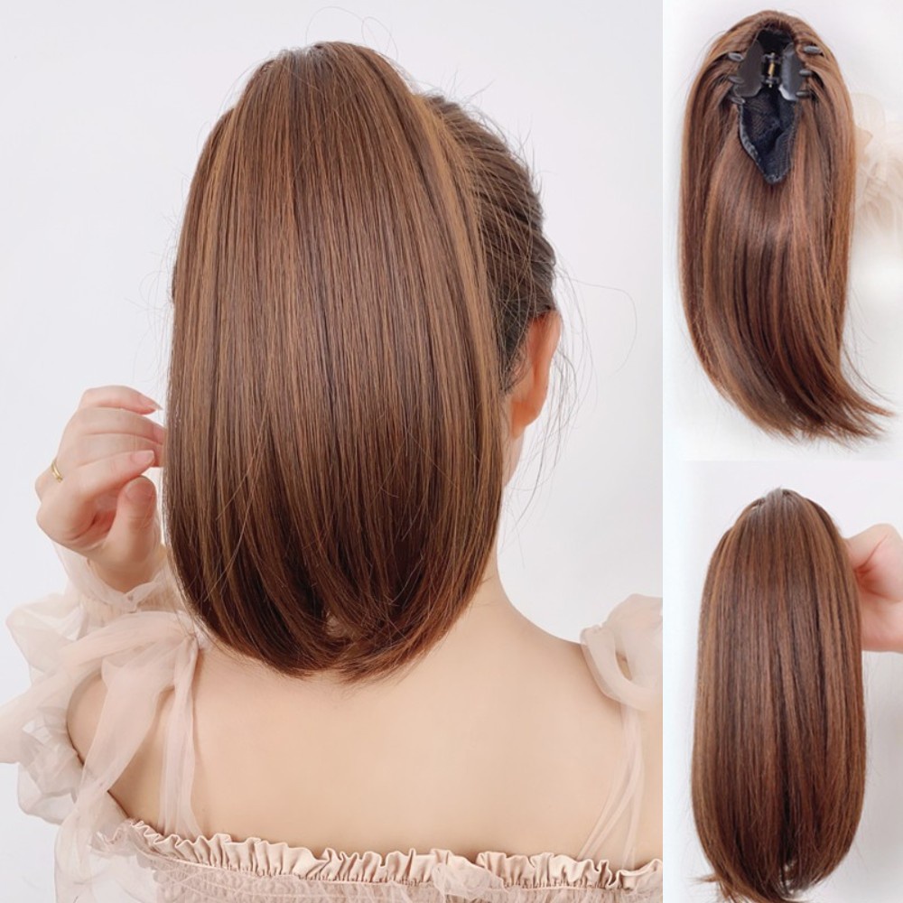 Wanita Perempuan Pendek Lurus Ponytail Wig Rambut Klip Gaya Invisible Hair Extension 30cm