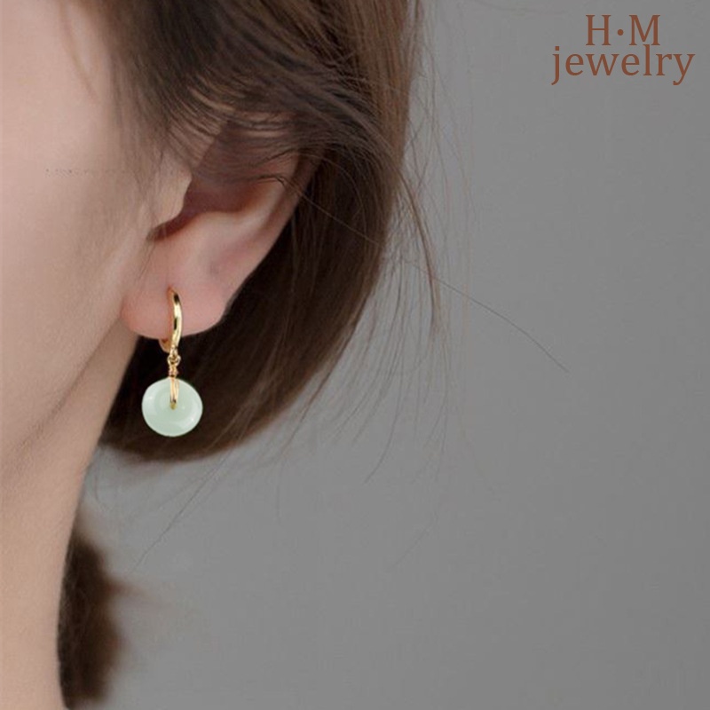 Anting Giok Emas 18K Anting Perempuan Klip Telinga