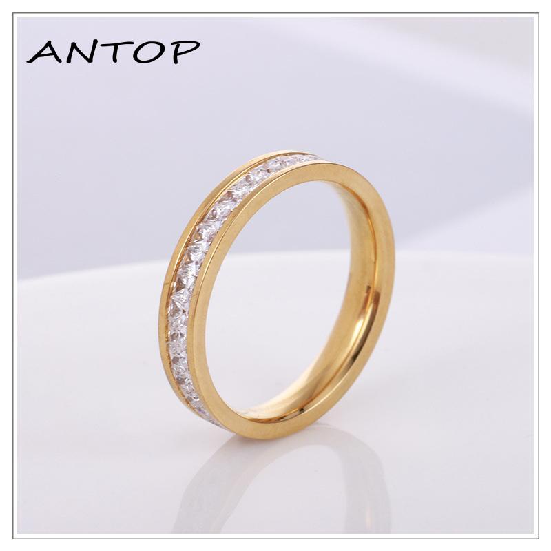[antop] Cincin Kepribadian Perempuan Vintage Titanium Steel Baris Tunggal Persegi Berlian Zirkon
