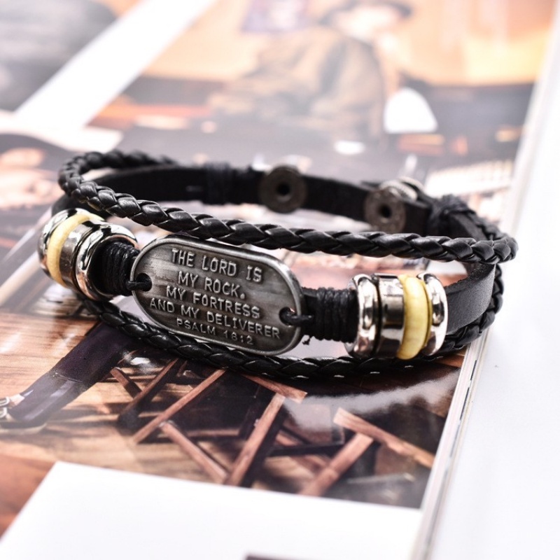 [X C Gelang] Baru Doa Allah Gelang Hitam Kulit Vintage Hip Hop Punk Gelang Kulit Lengan Manik-Manik Multilayer Zinc Alloy Anyaman Gelang